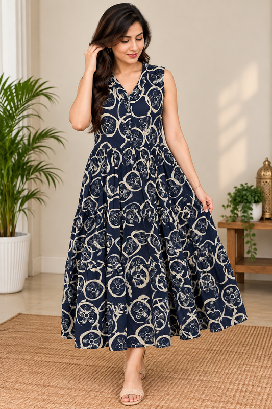 Cotton Printed Maxi Dress – Navy Blue