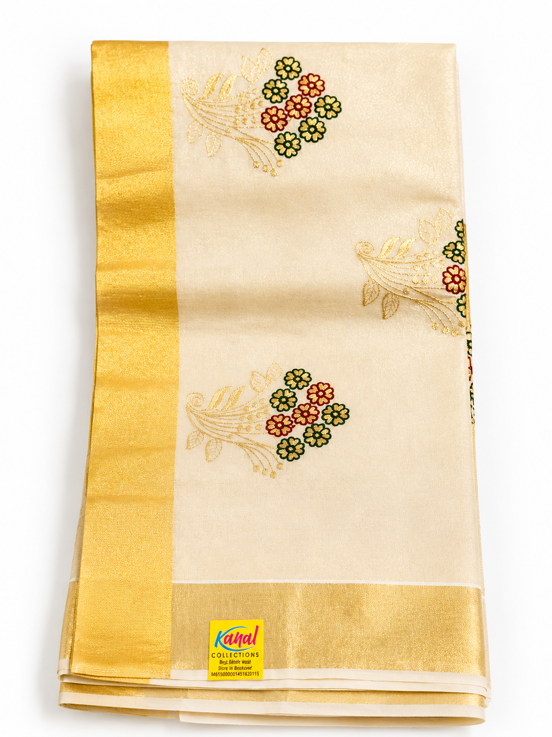 Kanal Collections Off-White Kasavu Saree with Floral Embroidery & Golden Zari Border
