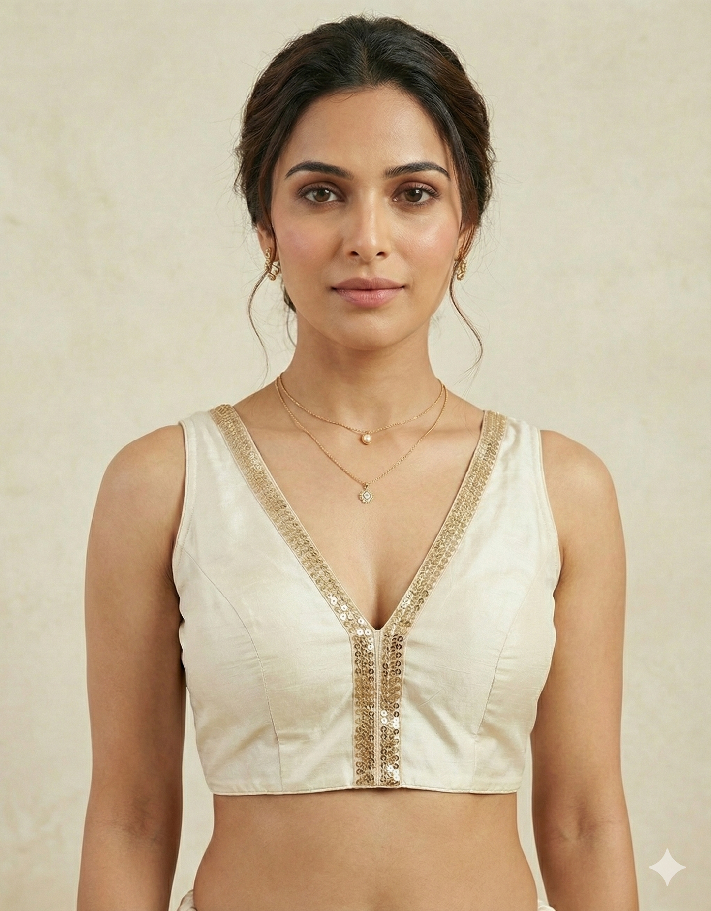 V-Neck Saree Blouse with Attached Sleeves  (Size 38 + Margin)