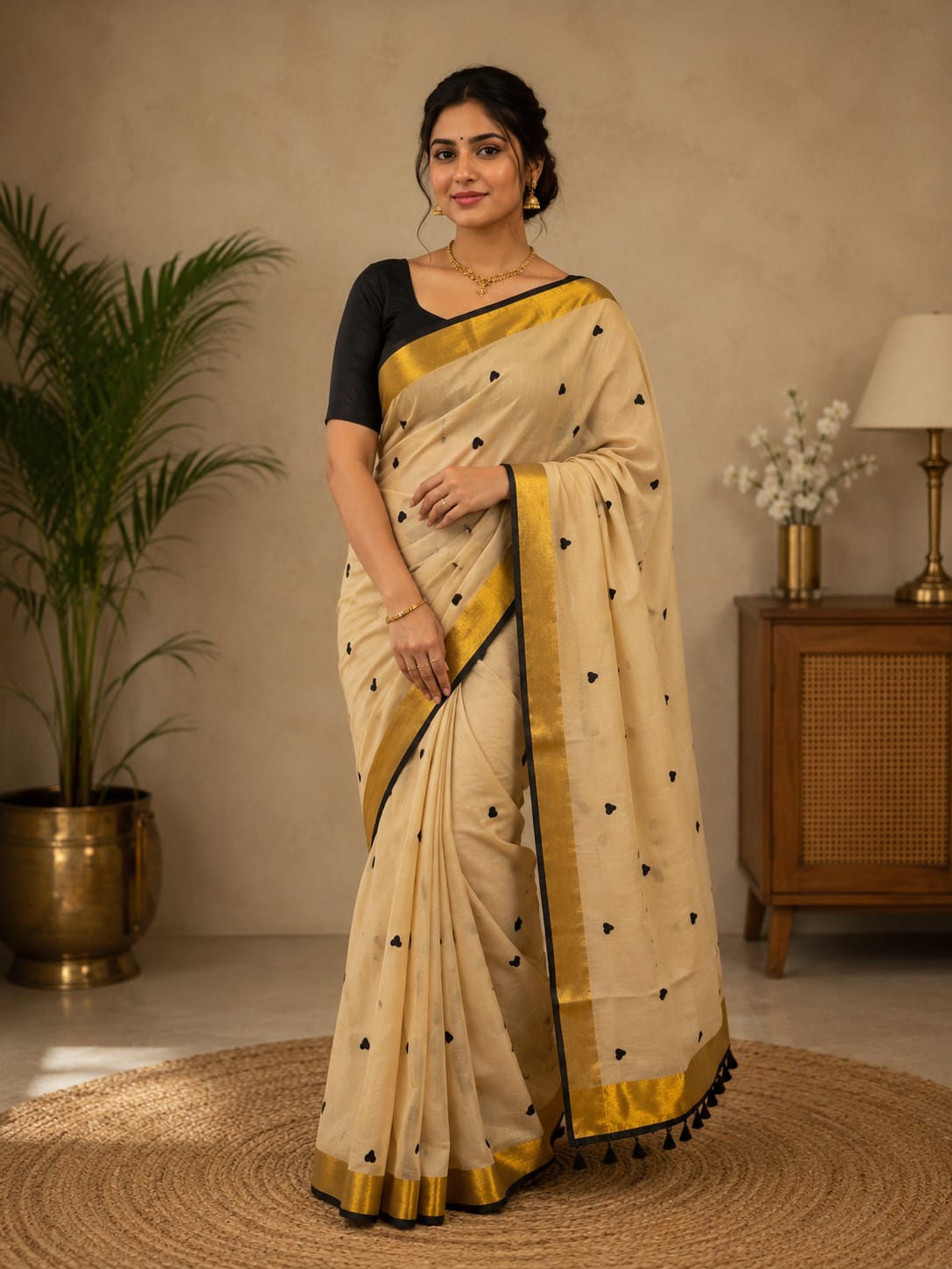 Beige Mul Cotton Saree with Heart Buttas