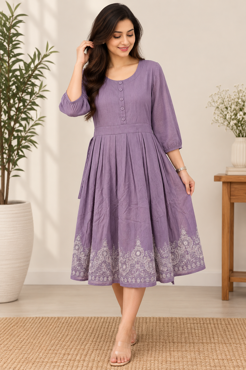 Lavender Embroidered Flared Midi Dress