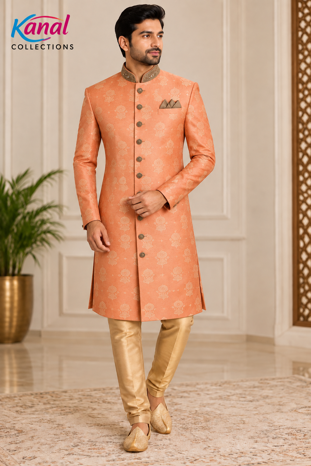 PEACH & GOLD DESIGNER SHERWANI FOR MEN