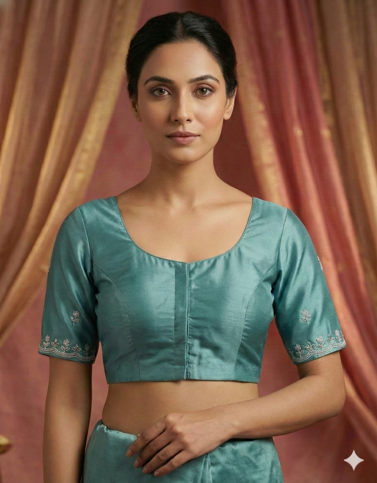 Hand-Embroidered Teal Saree with Mirror Work - Complete Ready-to-Wear Set