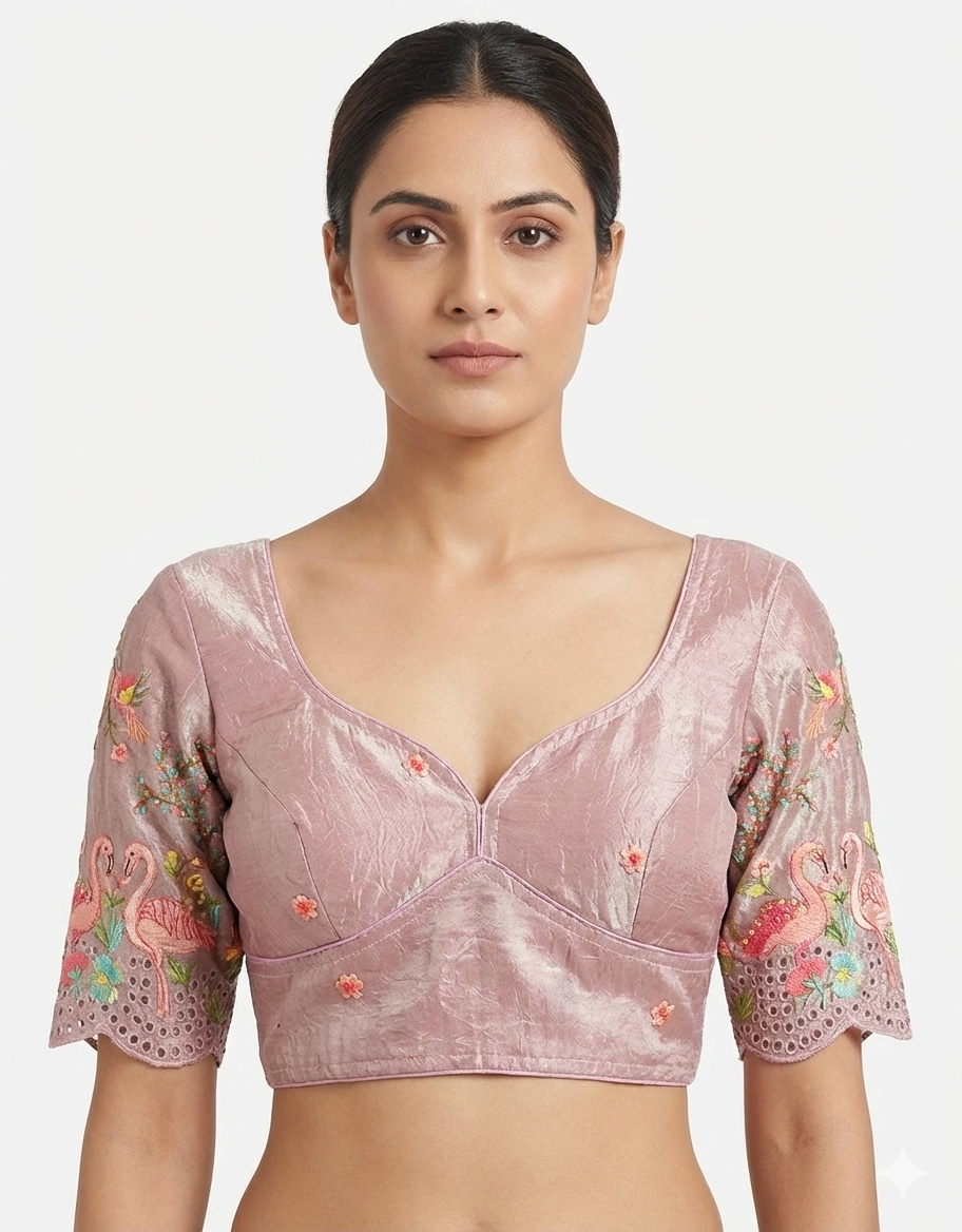 Crushed Tissue Blouse with Flamingo Embroidery (Size 40)