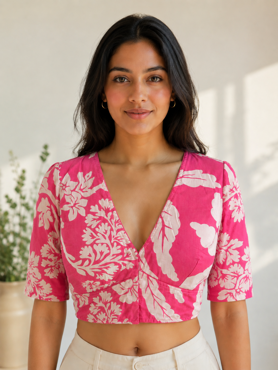 Vibrant Pink Floral Cotton Blouse