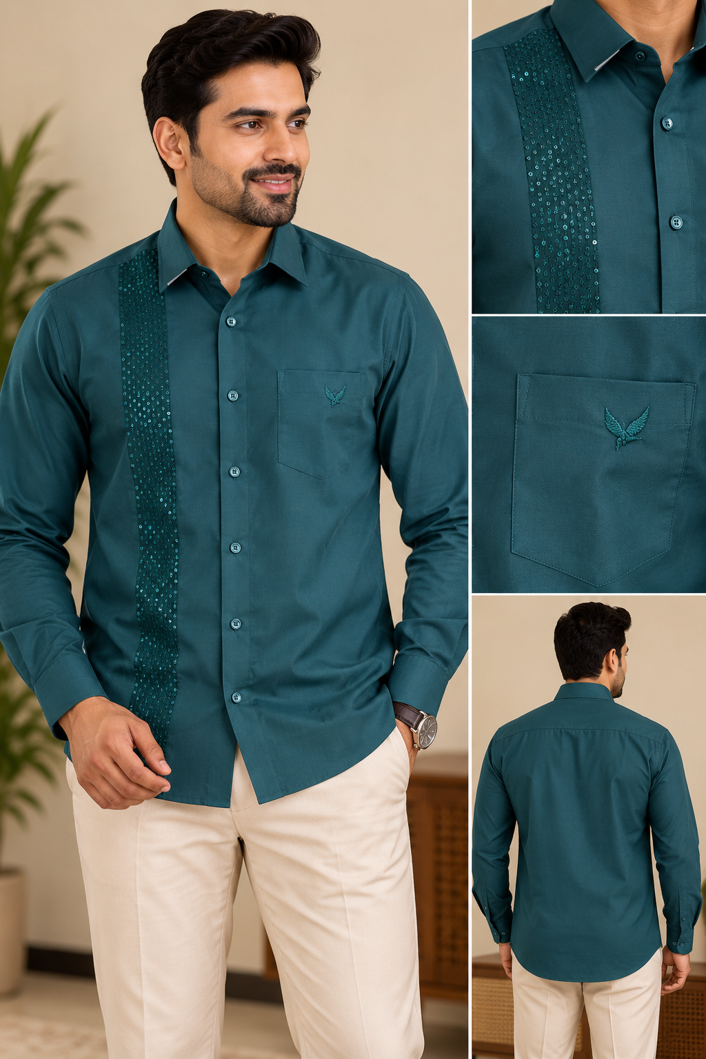 Teal Green Embroidered Sequin Men’s Shirt