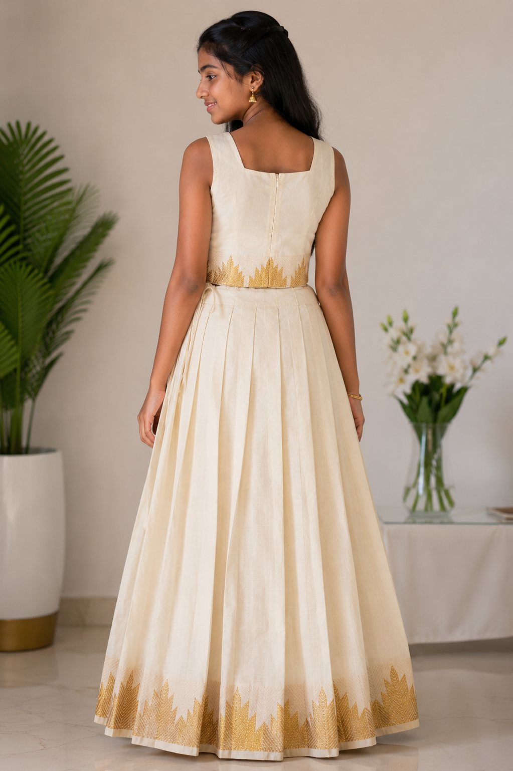 Elegant Off-White & Gold Pattu Pavada Blouse Set for Girls