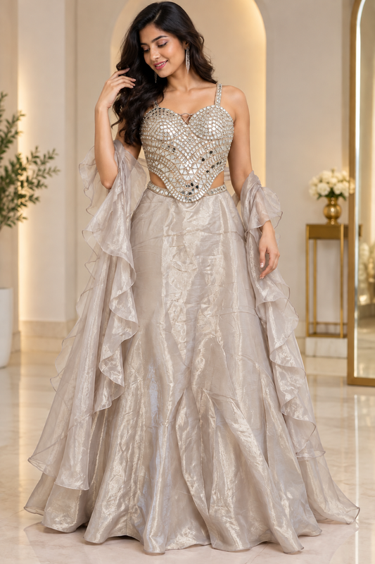 Ivory Champagne Glow Mirror Work Lehenga Set | Adjustable Blouse 38–44