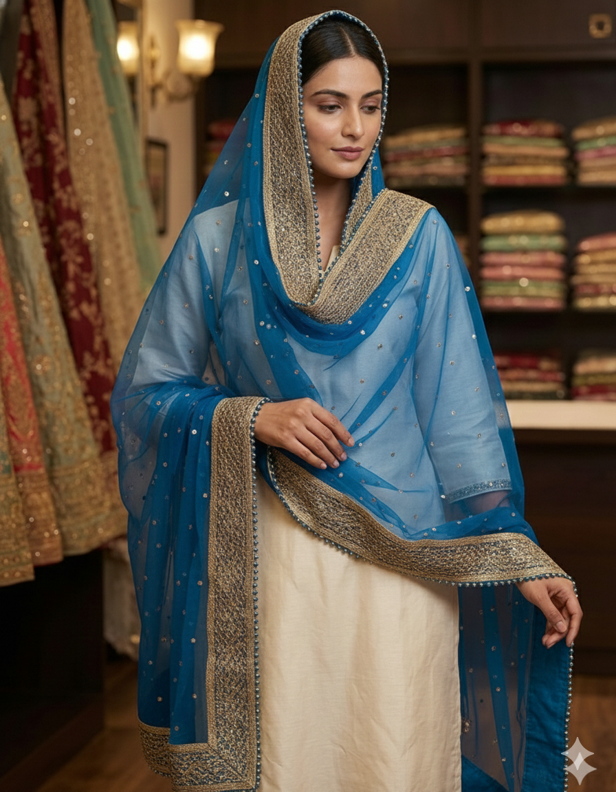 ✨ Net Dupatta with Beadwork & Lace Border – Kanal Collections ✨