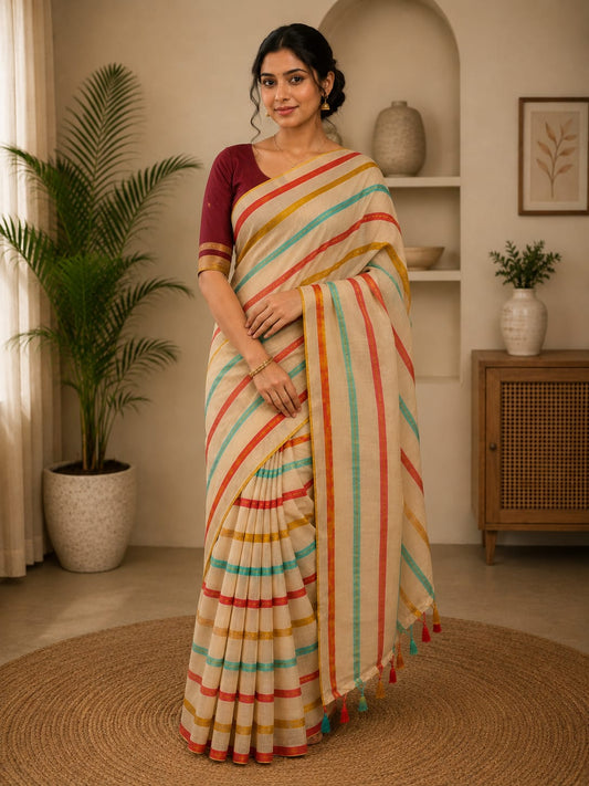 Beige Mul Cotton Saree with Multicolour Stripes