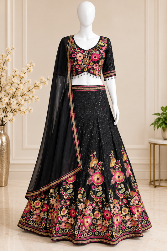 Black Floral Embroidered Lehenga Choli Set | Viscose Fabric | L–XL