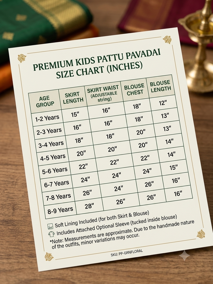 Kids Green and Cream Floral Pattu Pavadai | Girls Traditional Onam Lehenga Choli