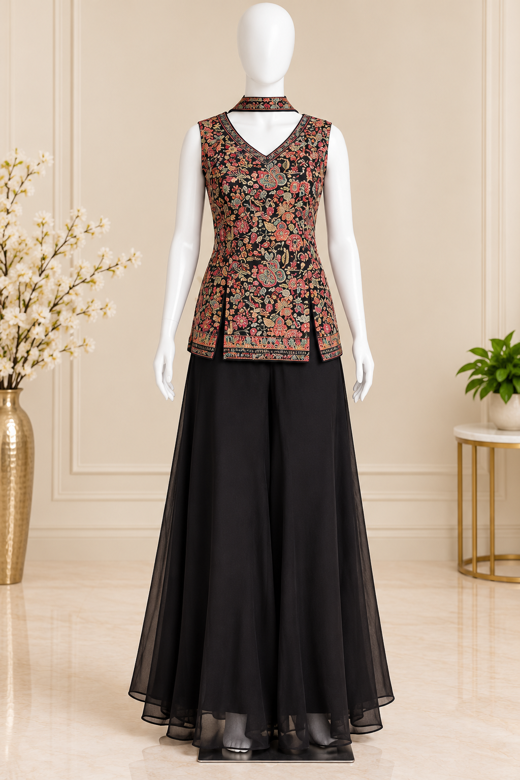 Black Floral Embroidered Palazzo Set