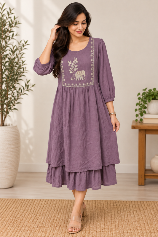 Mauve Embroidered Tiered Midi Dress