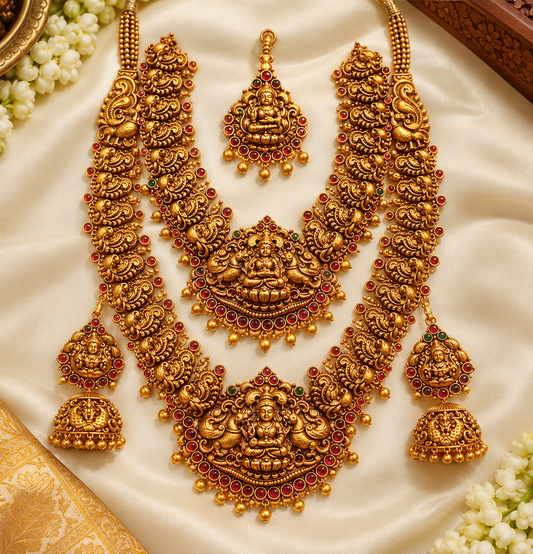 Traditional Gold-Tone Temple Bridal Jewellery Set with Lakshmi Design – Kanal Collections