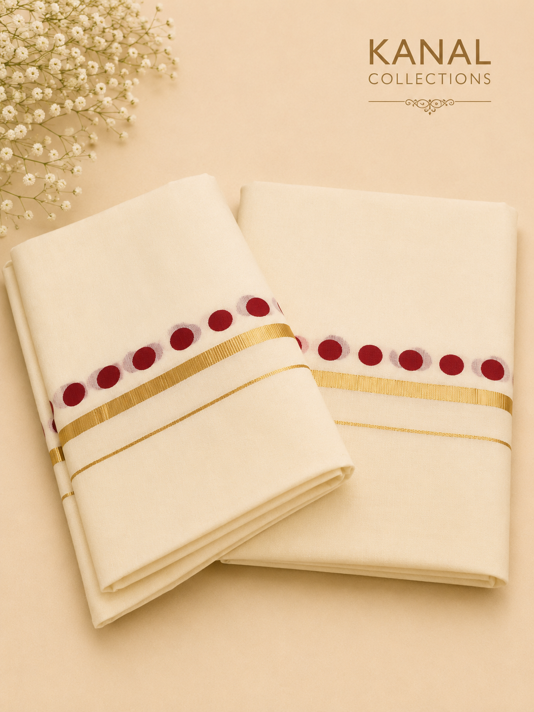 Premium Kerala Set Mundu with maroon Butta Border | Traditional Kasavu Mundu