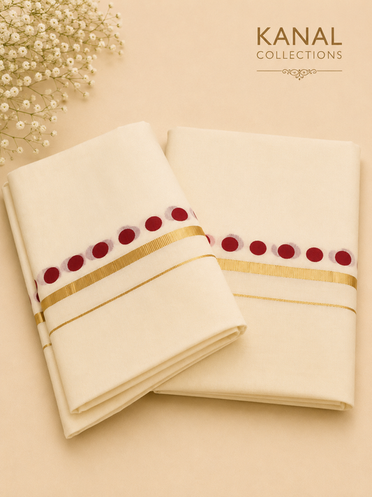 Premium Kerala Set Mundu with maroon Butta Border | Traditional Kasavu Mundu