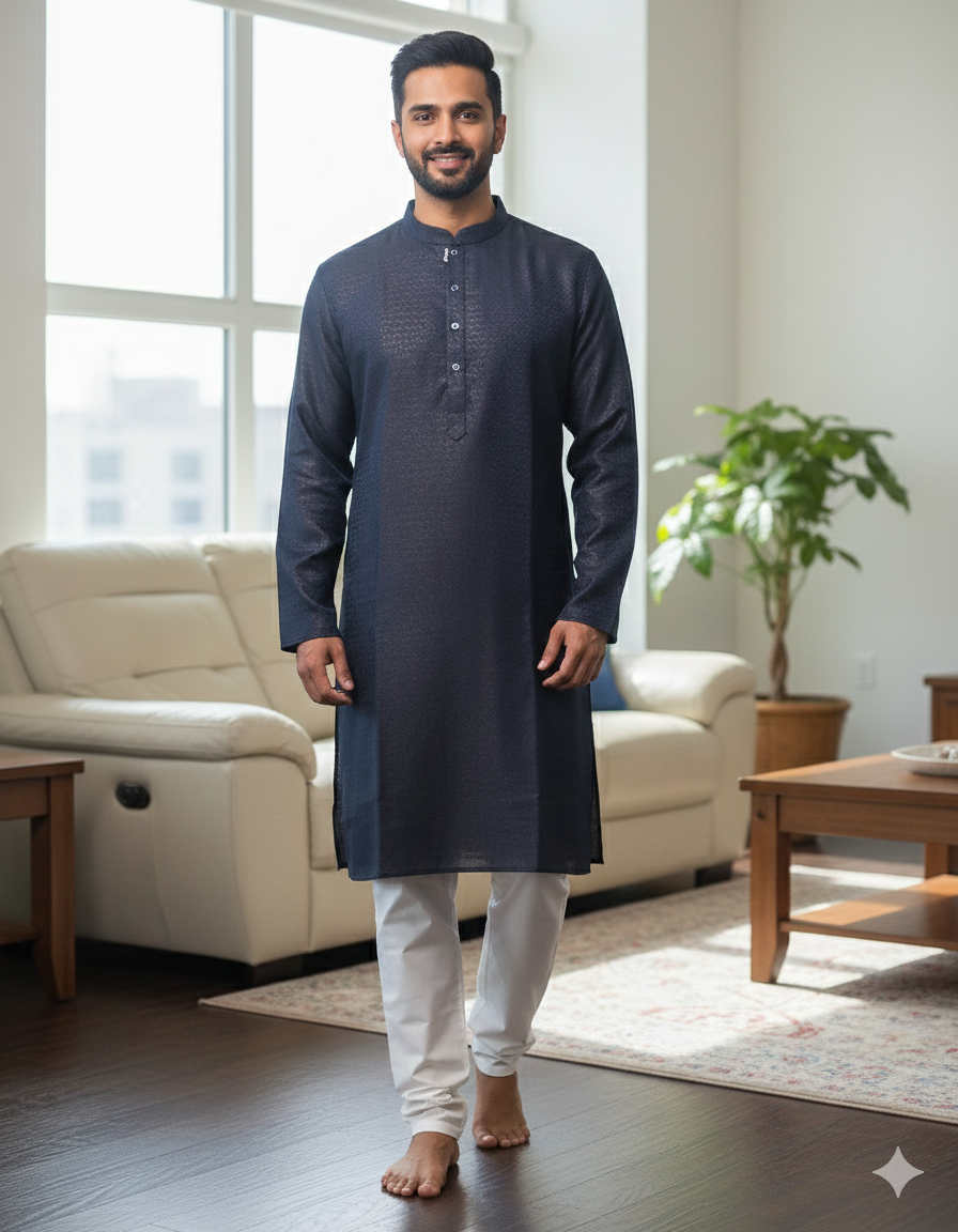 Elegant Navy Blue Textured Men's Kurta Set