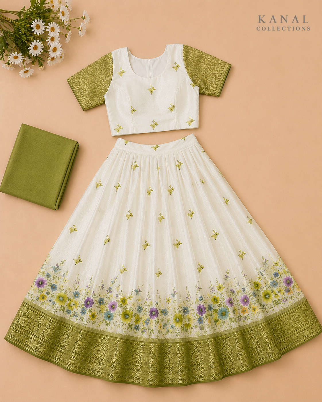 Model of an ivory floral lehenga set with a dupatta, perfect for Onam celebrations in Australia. Available at Kanal Collections, Brisbane.