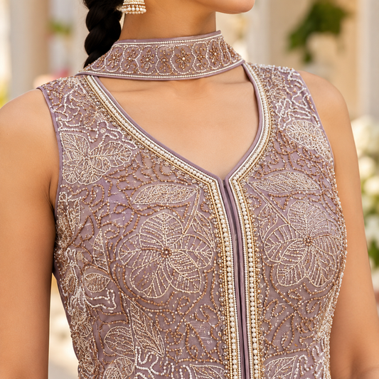 Mauve Embroidered Palazzo Set – Size L | Full Sleeve Optional