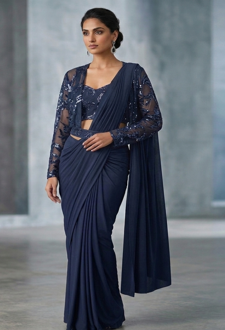 Elegant Navy Blue Sequin "one minute "Ready-to-Wear Saree Set