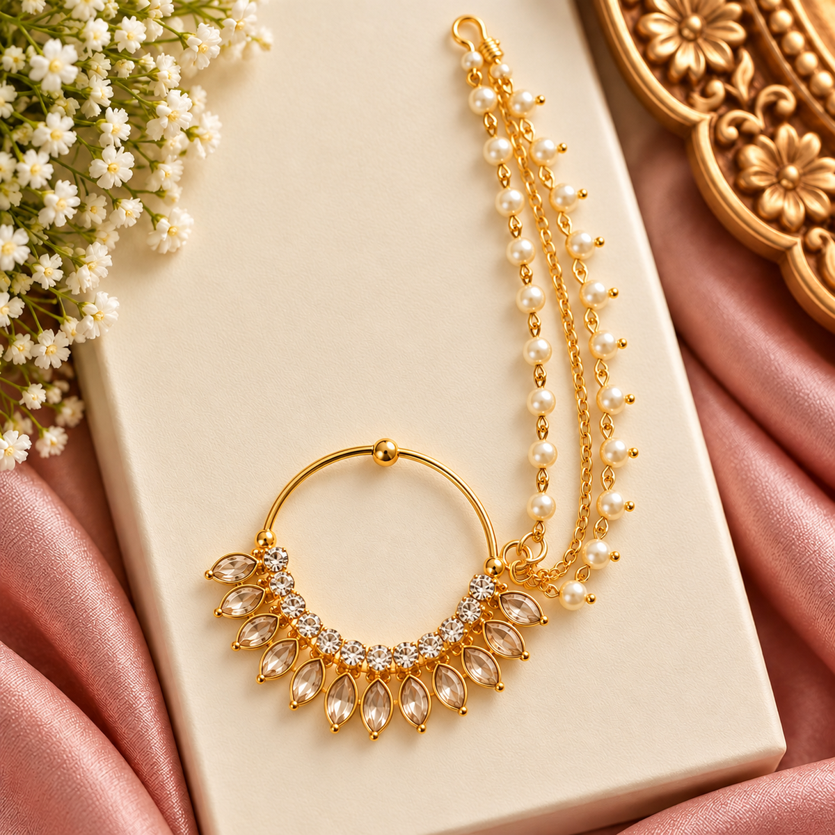Three-Layer Pearl Chain Bridal Nath – Gold-Tone Indian Wedding Nose Ring