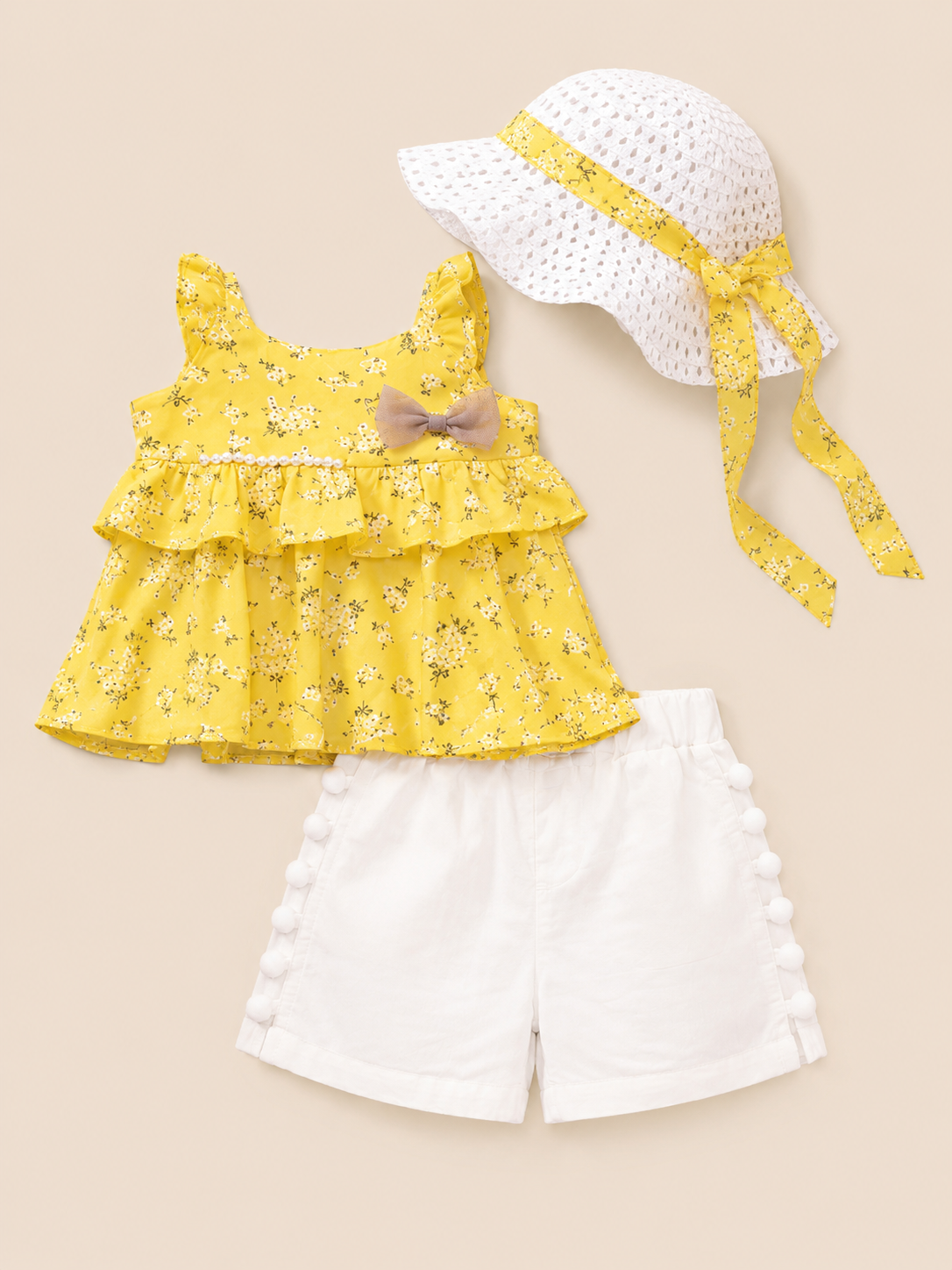 Sunshine Floral Ruffle Top, Shorts & Matching Sun Hat 3-Piece Set