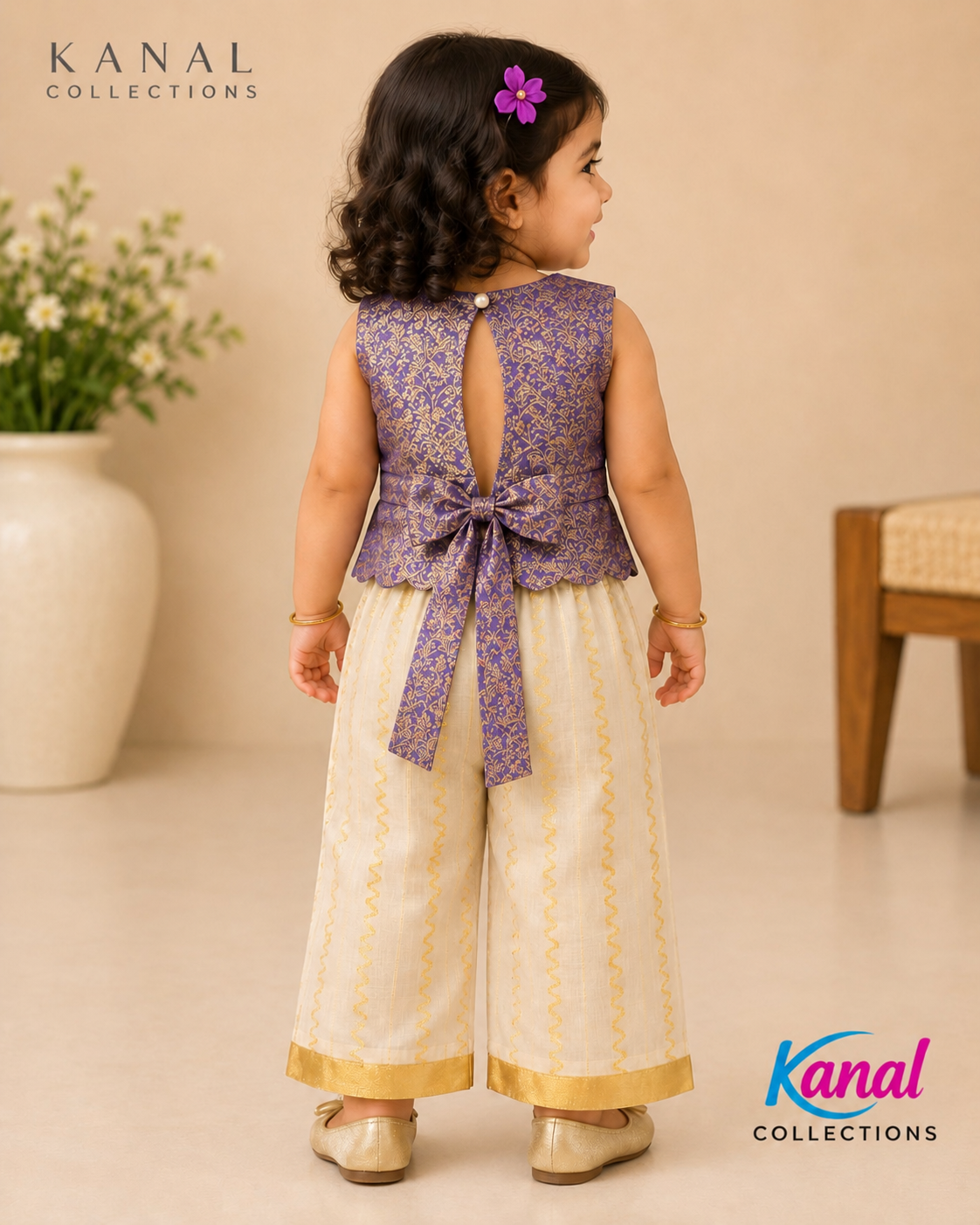 Kids Purple Brocade Crop Top with Kerala Kasavu Pant & top Set | Ethnic Wear for Girls | Kanal Collections