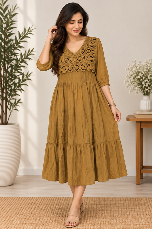 Mustard Brown Embroidered Tiered Midi Dress