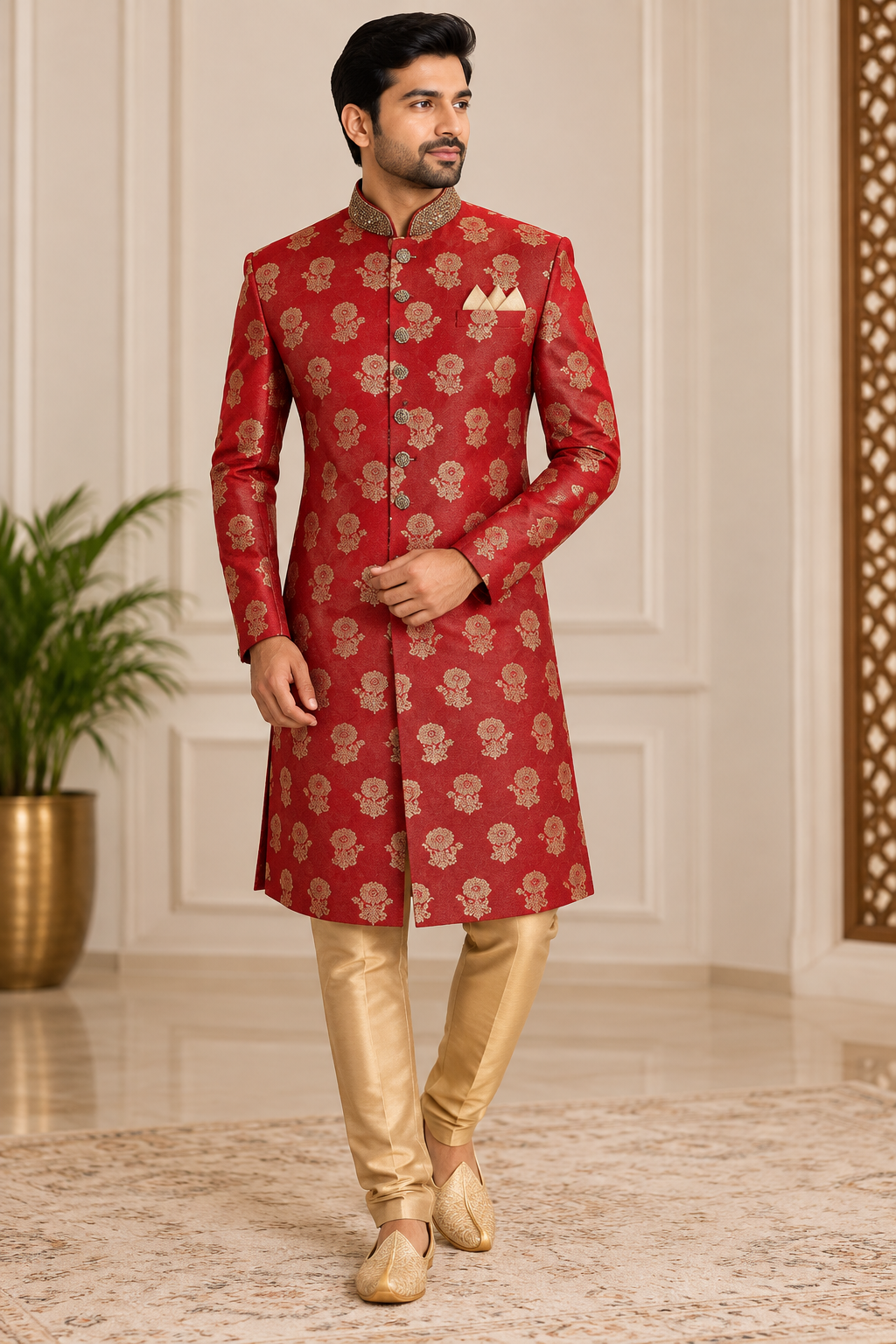 Men’s Red & Gold Sherwani Set with Gold Pants | Indian Wedding & Festive Wear