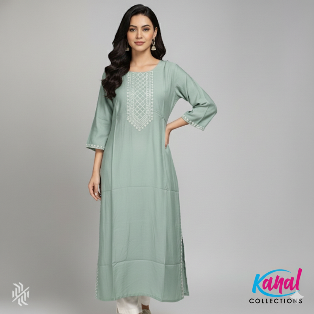 Elegant Embroidered Kurti – Mint Sage Edition