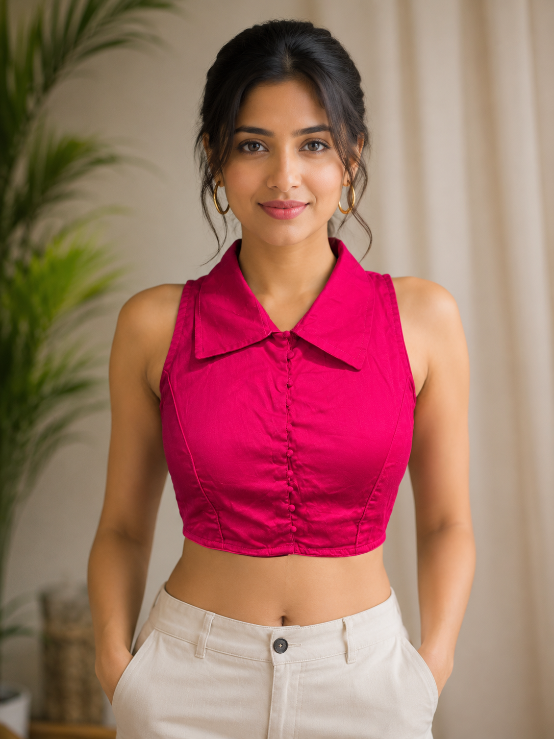 Vibrant Magenta Sleeveless Collared Blouse