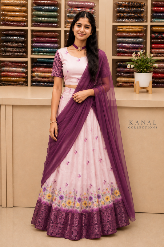 A woman modeling a traditional Indian ethnic outfit consisting of a light pink flared skirt with purple floral embroidery and a matching purple dupatta, paired with a light pink sleeveless blouse with purple sleeves. The background shows shelves filled with colorful folded fabrics. This Dhavani or Half saree is available from Kanal Collections Brisbane Australia. Perfect outfit for Onam celebration 2026