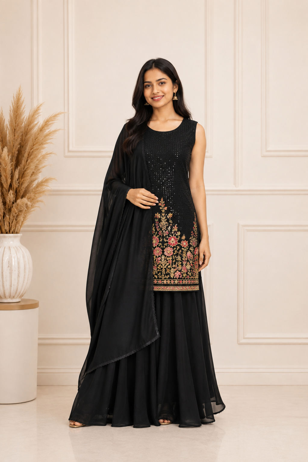 Girls Black Embroidered Palazzo Set – Sizes 32–38