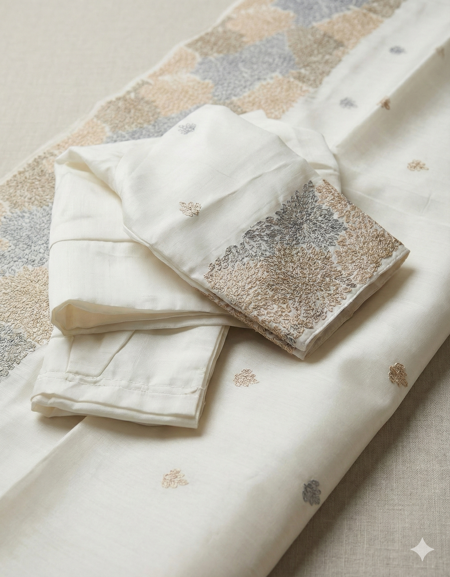 Ivory Geometric Embroidered Silk Saree (Includes Stitched Blouse Size 38)