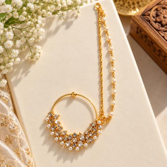 Gold-Tone Bridal Nath with Pearl and Gold Bead Chains | Kanal Collections