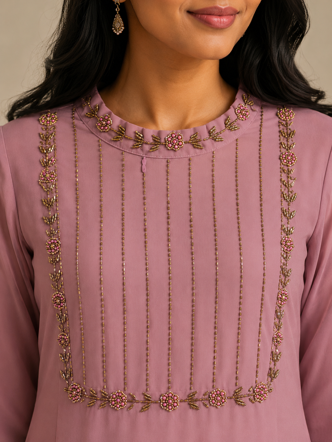 Charming Mauve Georgette Kurti with Elegant Bugle Bead Hand Work