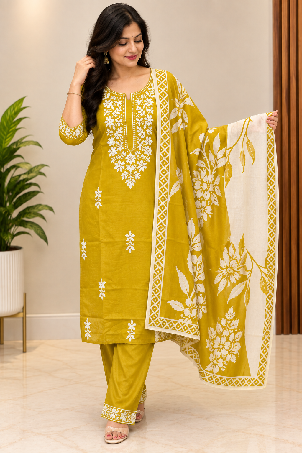 Mustard yellow Embroidered Rayon 3-Piece Kurta Dupatta Set