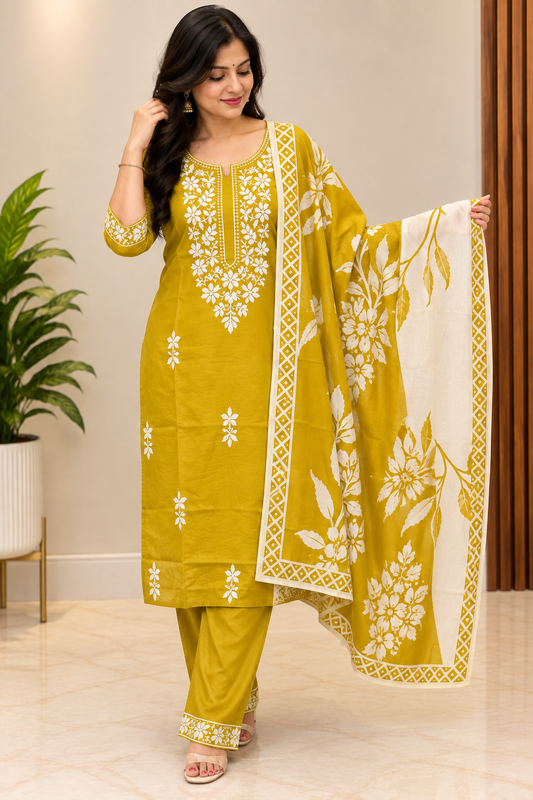 Mustard yellow Embroidered Rayon 3-Piece Kurta Dupatta Set