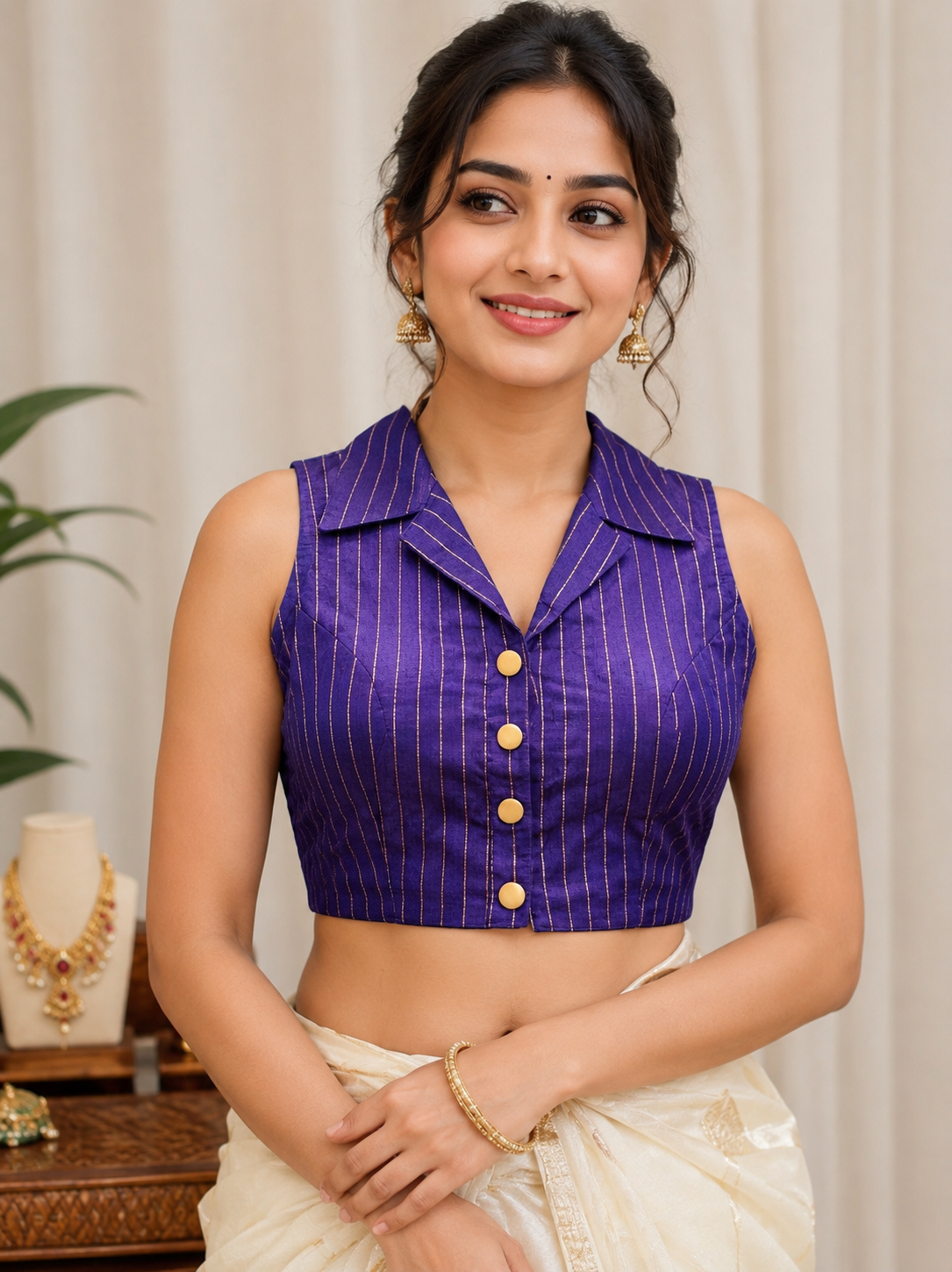 Woman wearing a purple striped blouse with gold buttons against a neutral background