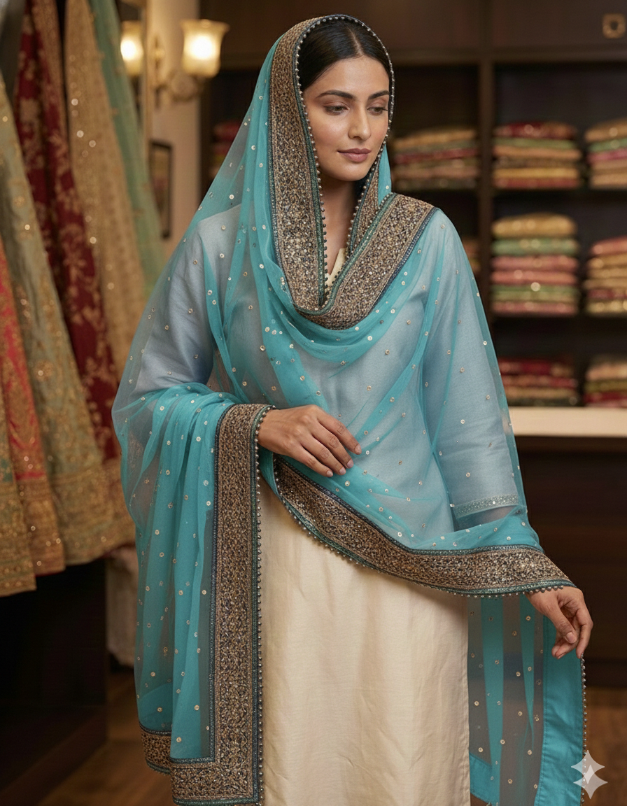 ✨ Net Dupatta with Beadwork & Lace Border – Kanal Collections ✨