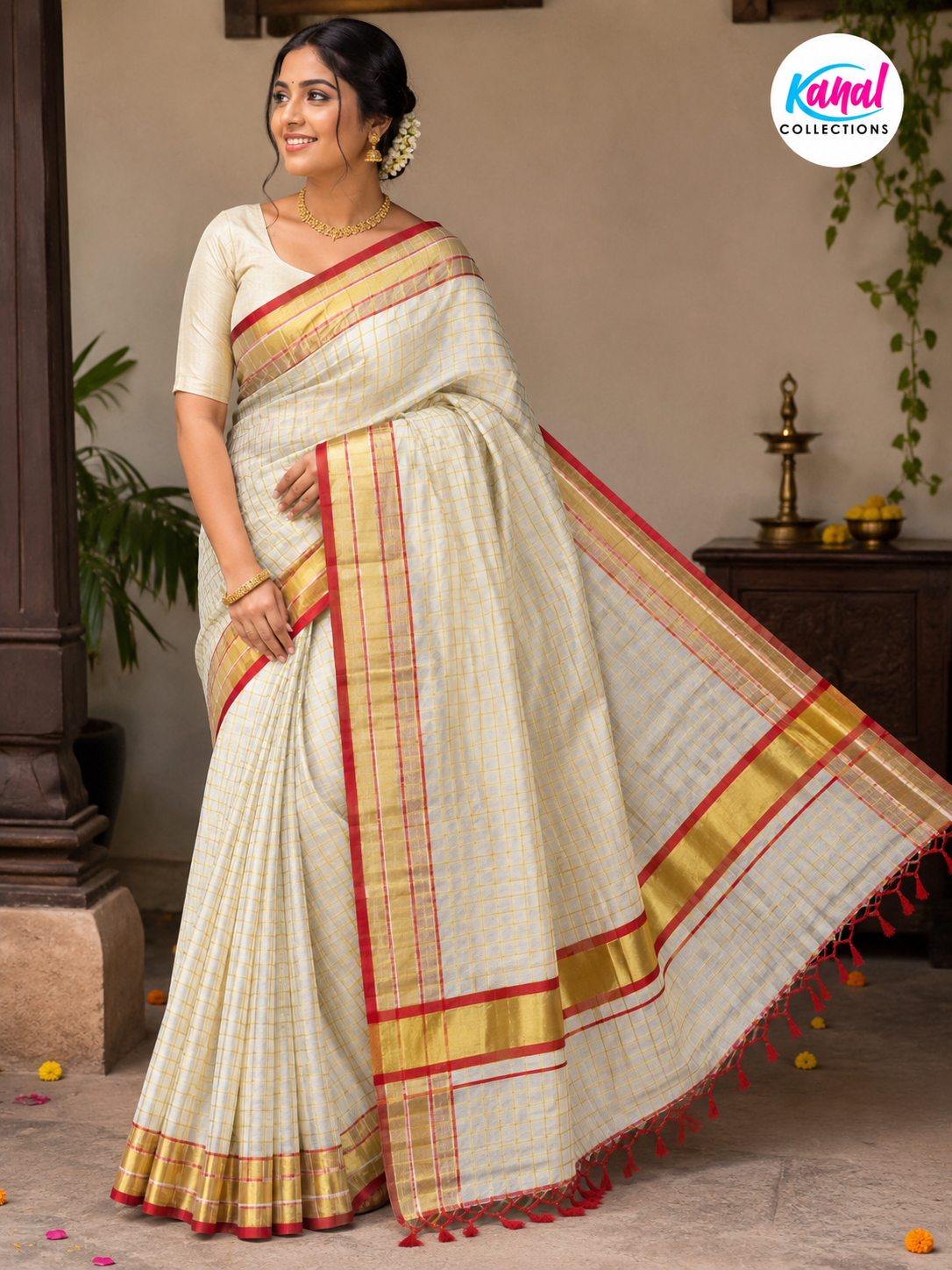 Woman wearing a traditional saree with a visible brand logo in the corner.