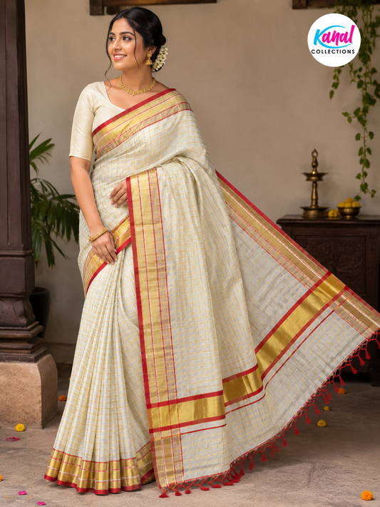 Woman wearing a traditional saree with a visible brand logo in the corner.
