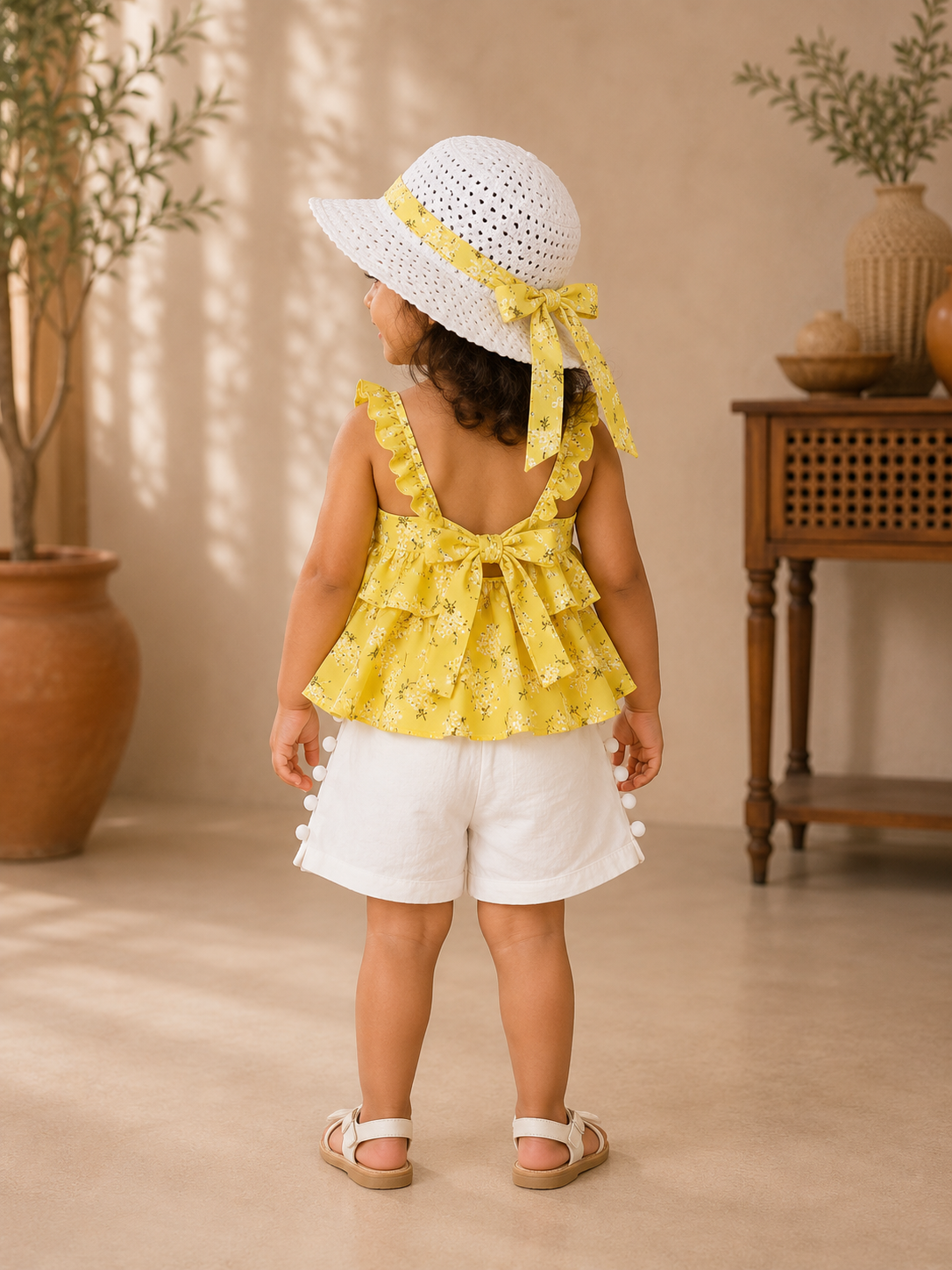 Sunshine Floral Ruffle Top, Shorts & Matching Sun Hat 3-Piece Set
