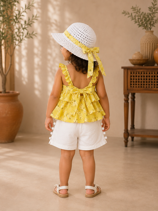 Sunshine Floral Ruffle Top, Shorts & Matching Sun Hat 3-Piece Set