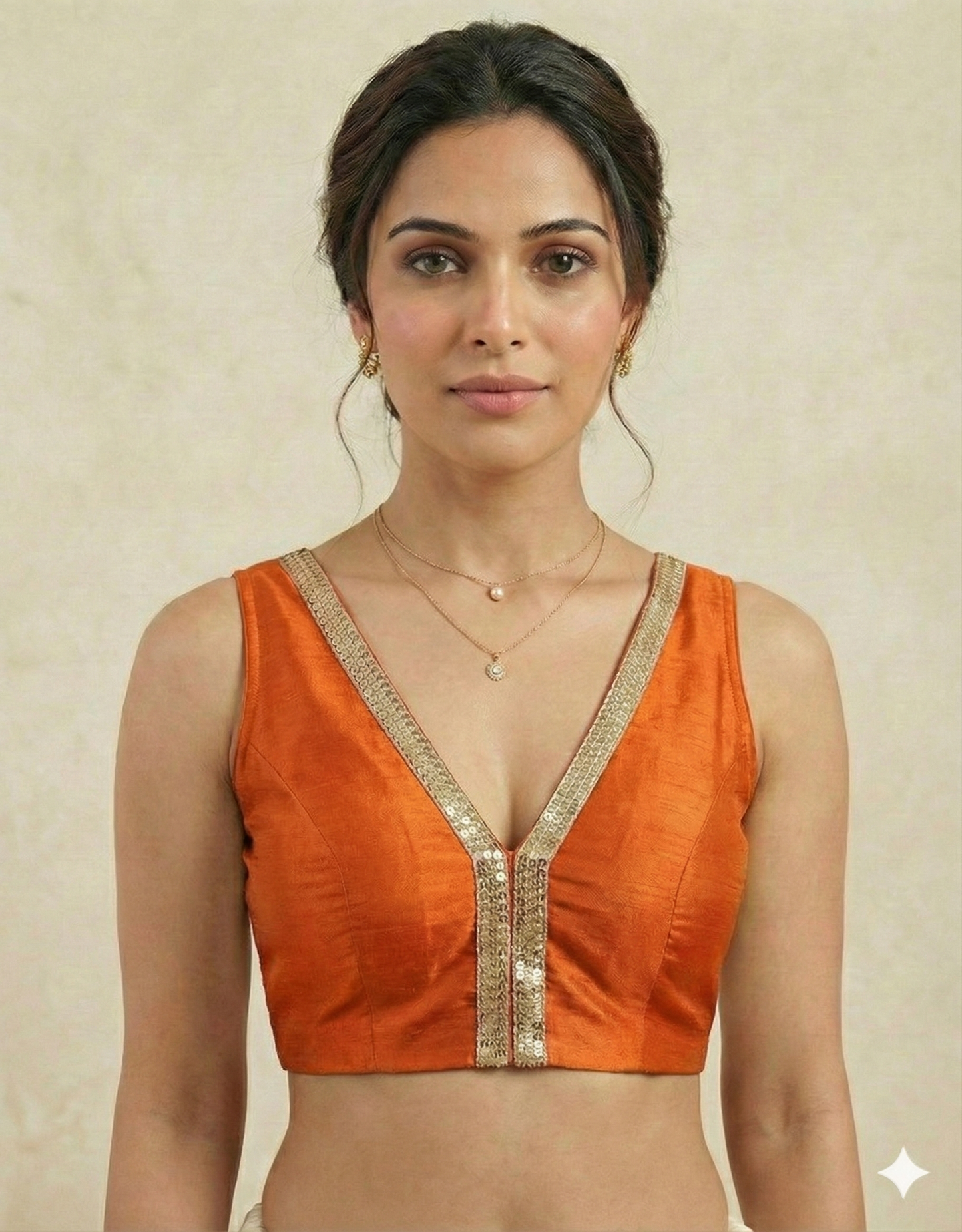 V-Neck Saree Blouse with Attached Sleeves  (Size 38 + Margin)