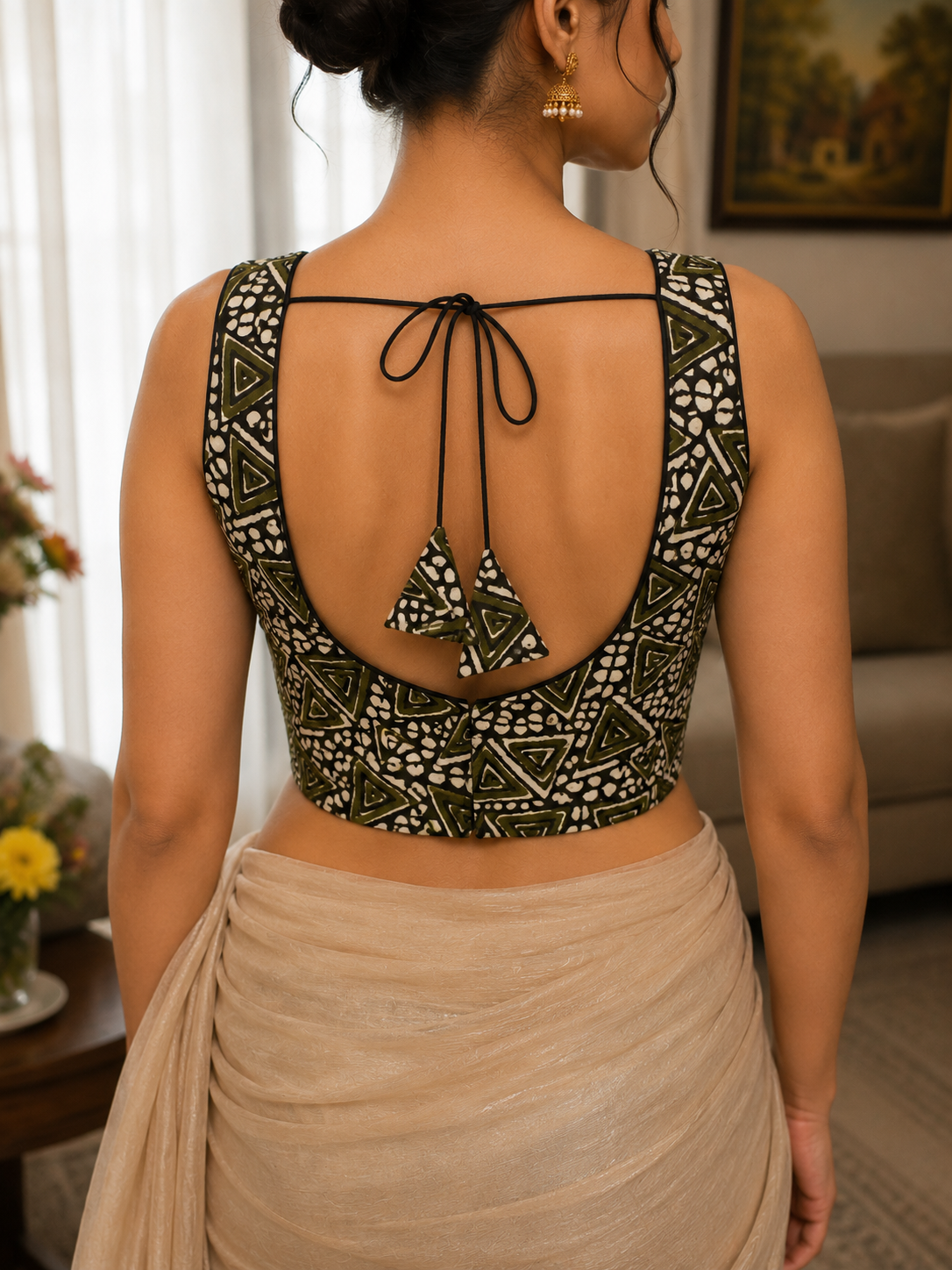 Mehndi Green Geometric Batik Print Sleeveless Saree Blouse