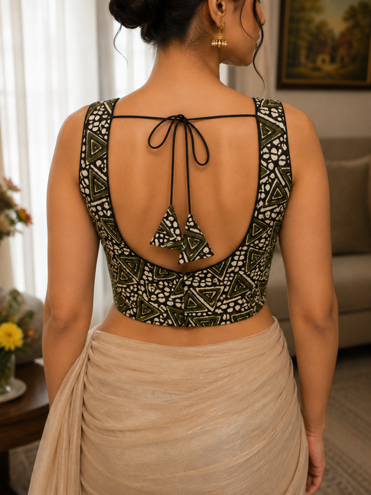 Mehndi Green Geometric Batik Print Sleeveless Saree Blouse
