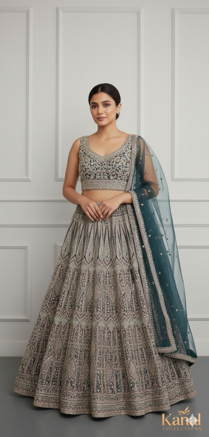 Deep Teal Ornate Semi-Bridal Lehenga Set – Size XL
