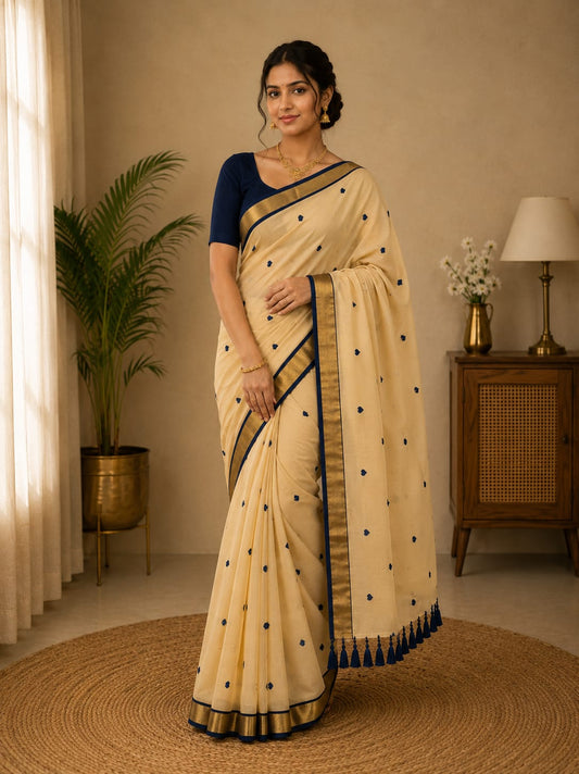 Beige Mul Cotton Saree with Navy Blue Heart Buttas